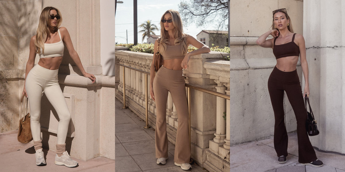 Girl Next Door loungewear sets in cream, mocha and espresso