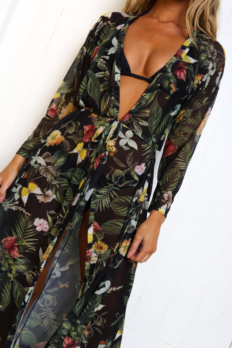 Black Tropic Print Split Leg Maxi Dress