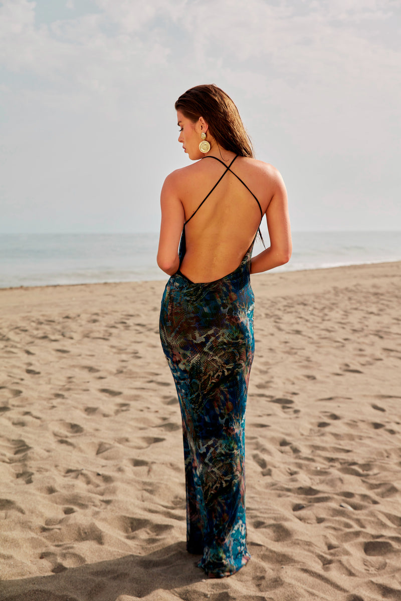 Blue Snake Mesh Maxi Dress