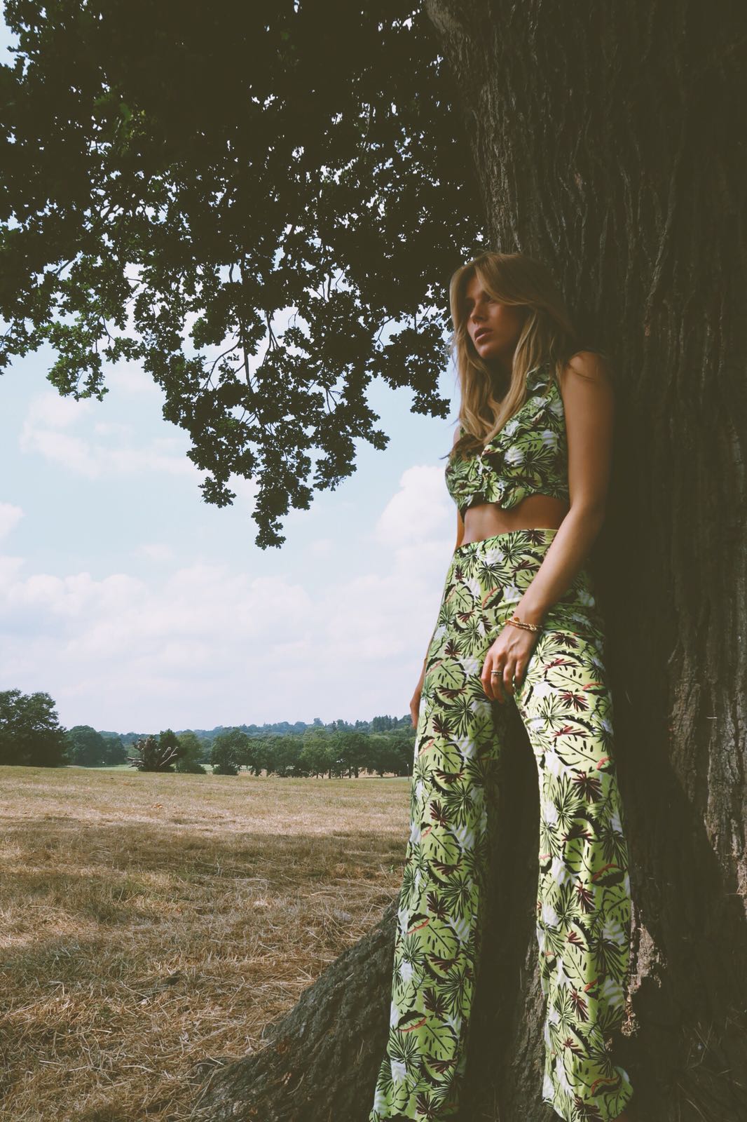 Palm Leaf Co-ord Set Plunge Crop Top